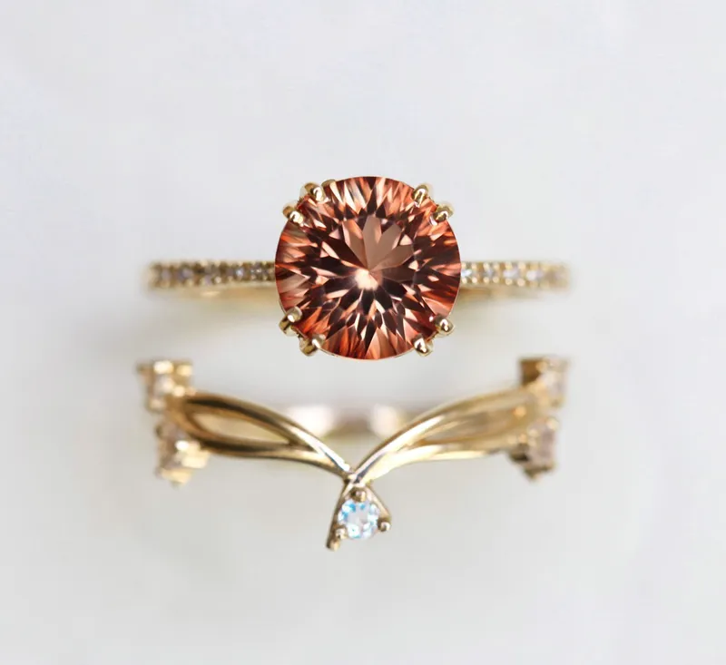 HAILEY OREGON SUNSTONE RING SET, ROUND GEMSTONE ENGAGEMENT RING WITH TWIG MOONSTONE STACKING RING, SUNSTONE ENGAGEMENT RING view 12