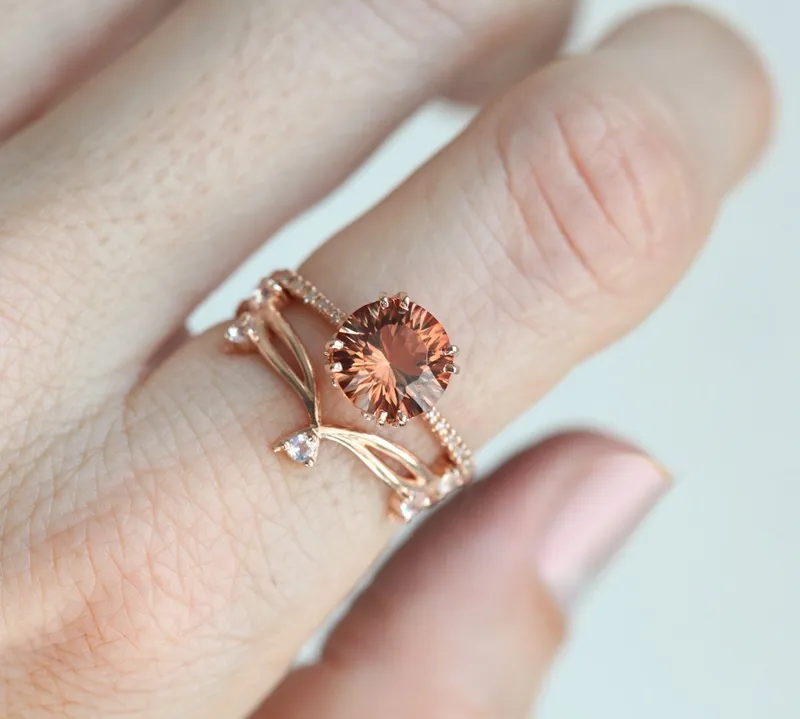HAILEY OREGON SUNSTONE RING SET, ROUND GEMSTONE ENGAGEMENT RING WITH TWIG MOONSTONE STACKING RING, SUNSTONE ENGAGEMENT RING view 2