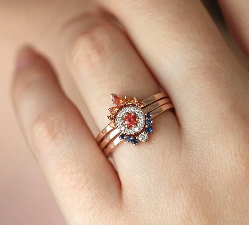 Halo Diamond Sapphire Ring Set, Sunset Ring Set view 3