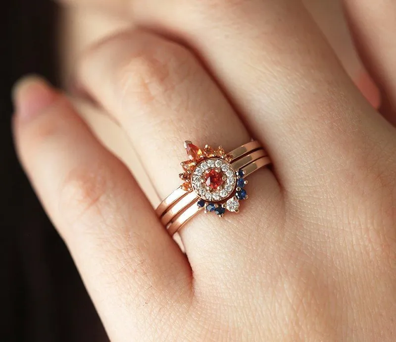 Halo Diamond Sapphire Ring Set, Sunset Ring Set view 4