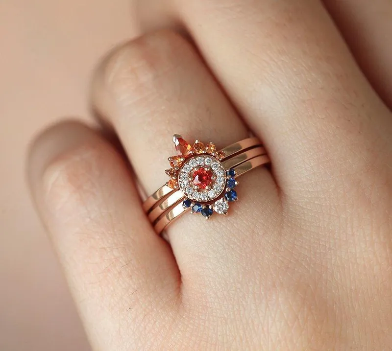 Halo Diamond Sapphire Ring Set, Sunset Ring Set view 6