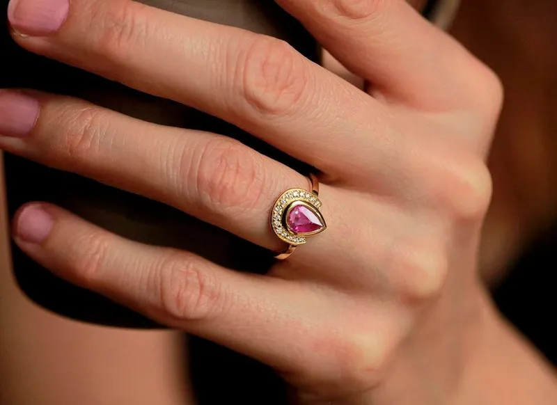 Halo Pear Ruby Ring, Ruby Diamond Ring view 2