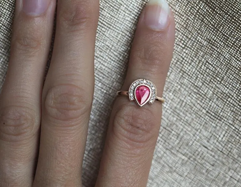 Halo Pear Ruby Ring, Ruby Diamond Ring view 3