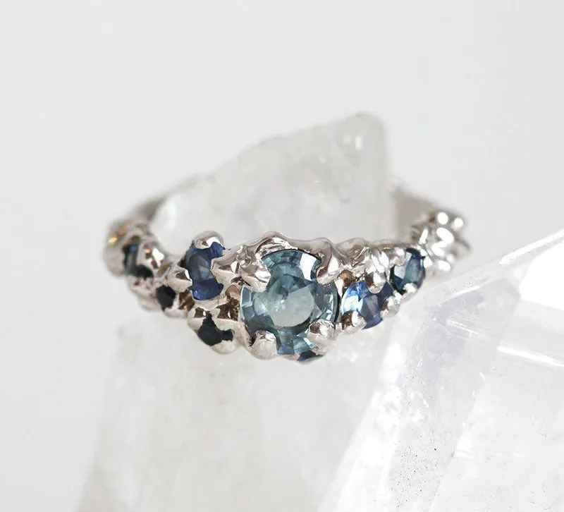 HANDMADE ENGAGEMENT RING, RAW CLUSTER RING blue sapphire round cut engagement ring
