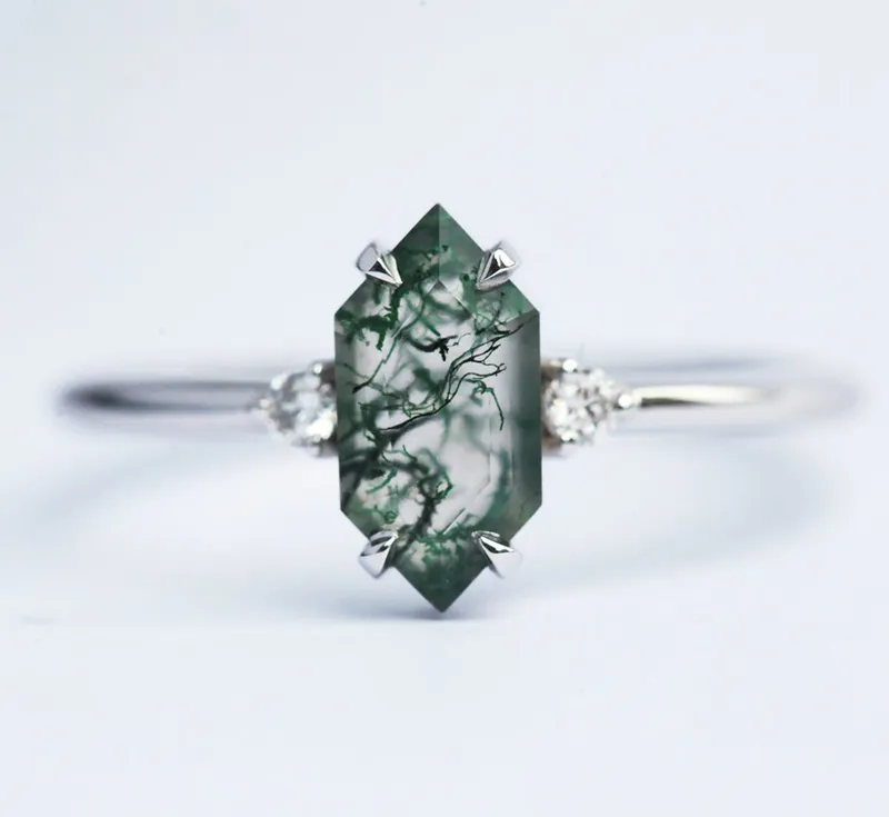 Hayley Hexagon Moss Agate Ring Set vy 10