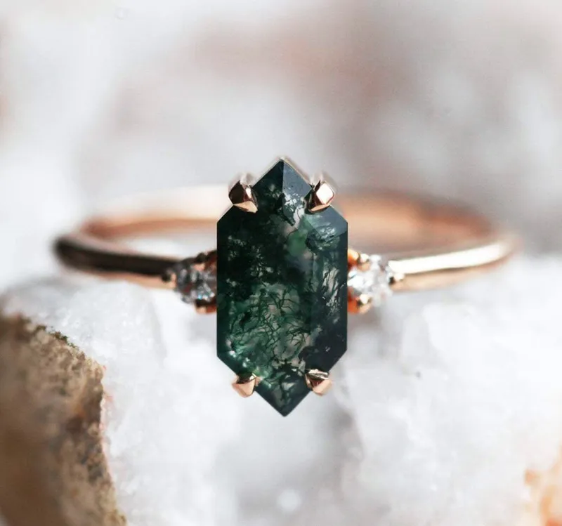 Hayley Hexagon Moss Agate Ring Set vy 12