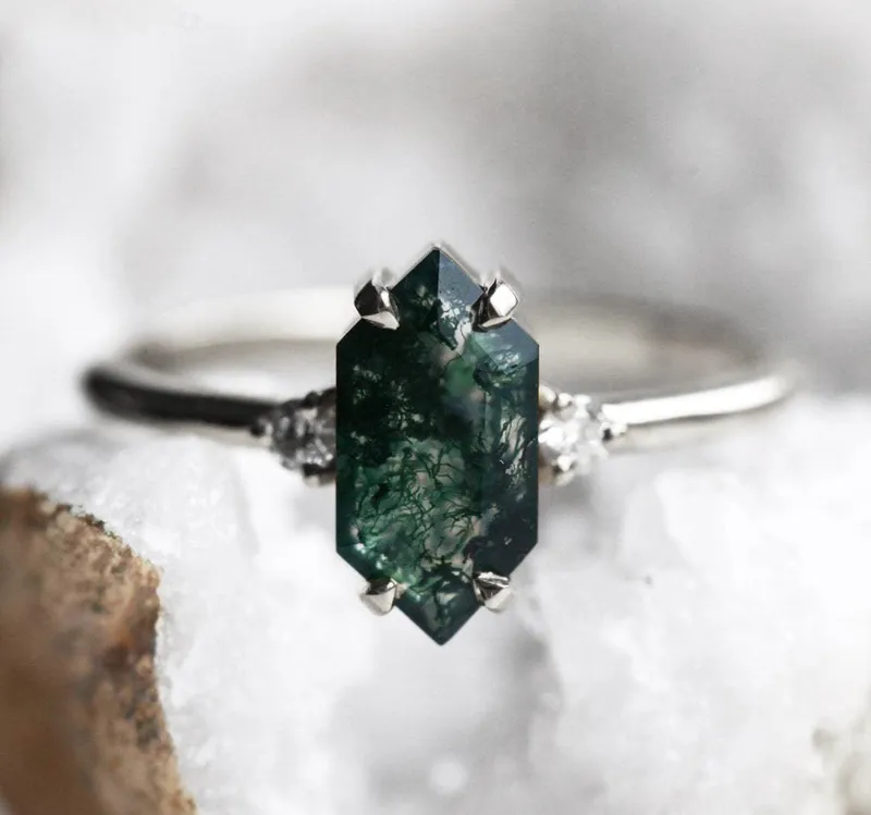 Hayley Hexagon Moss Agate Ring Set vy 13