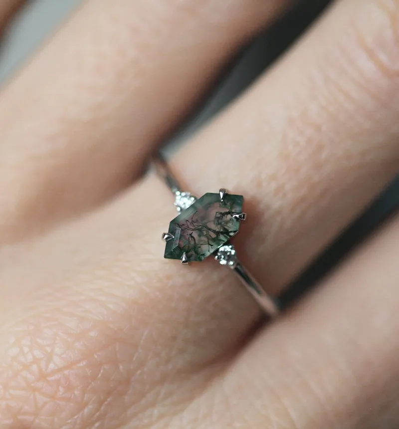 Hayley Hexagon Moss Agate Ring Set vy 2