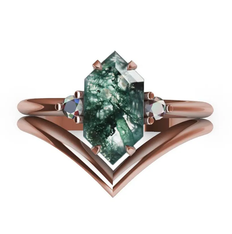 Hayley Hexagon Moss Agate Ring Set vy 3