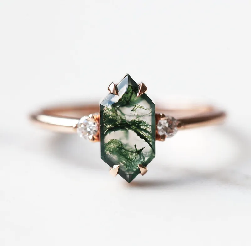 Hayley Hexagon Moss Agate Ring Set vy 4