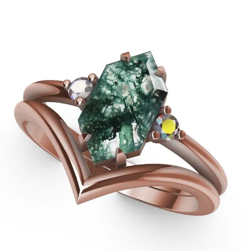 Hayley Hexagon Moss Agate Ring Set vy 5
