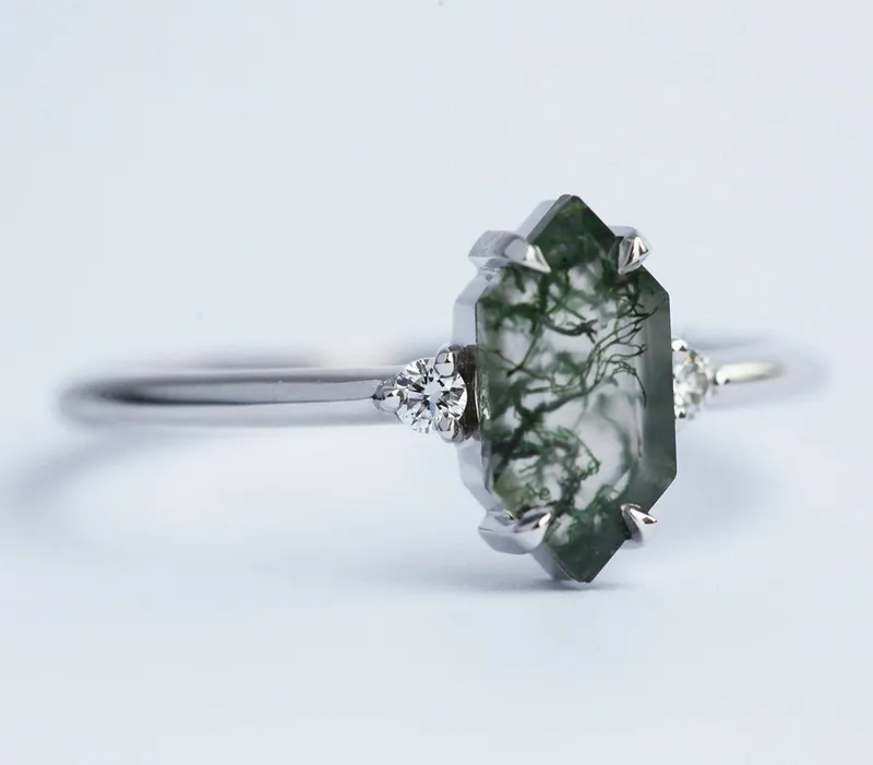 Hayley Hexagon Moss Agate Ring Set vy 7