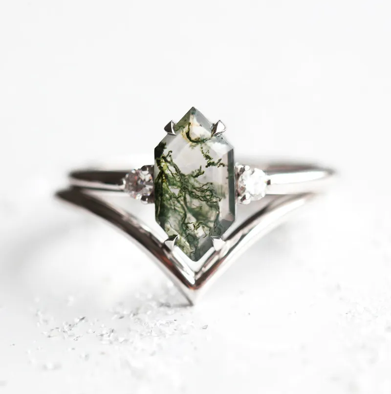 Hayley Hexagon Moss Agate Ring Set green engagement ring