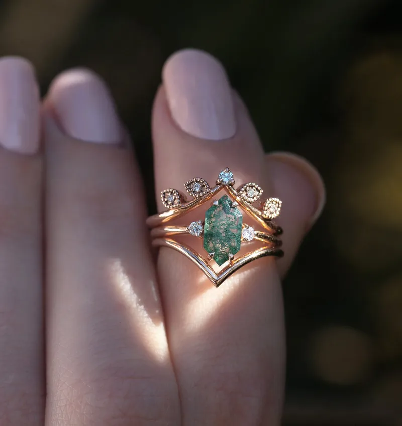 Hayley Hexagon Moss Agate Ring With Diamonds view 2
