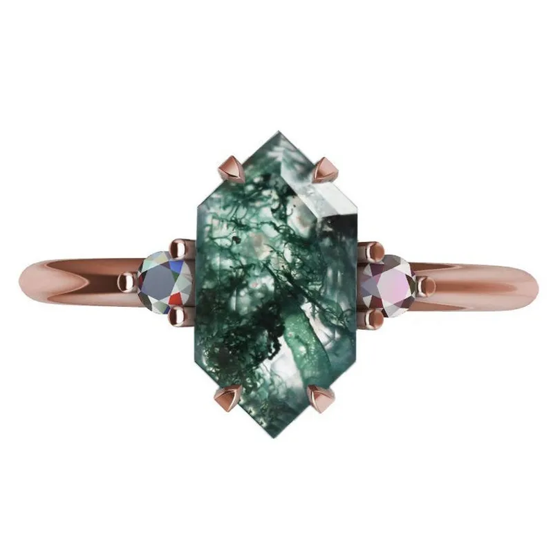 Hayley Hexagon Moss Agate Ring With Diamond Pave Band vy 7