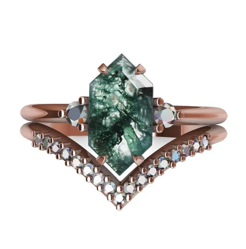 Hayley Hexagon Moss Agate Ring With Diamond Pave Band green engagement ring