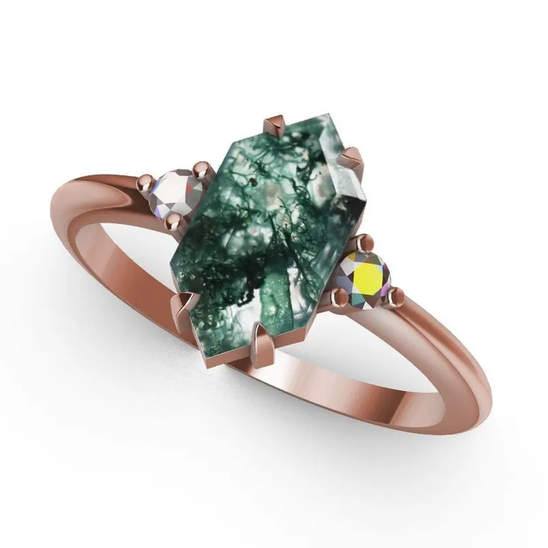 Hayley Hexagon Moss Agate Ring With Diamonds view 9