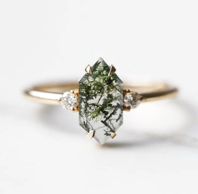 Hayley Hexagon Moss Agate Ring With Diamonds view 4
