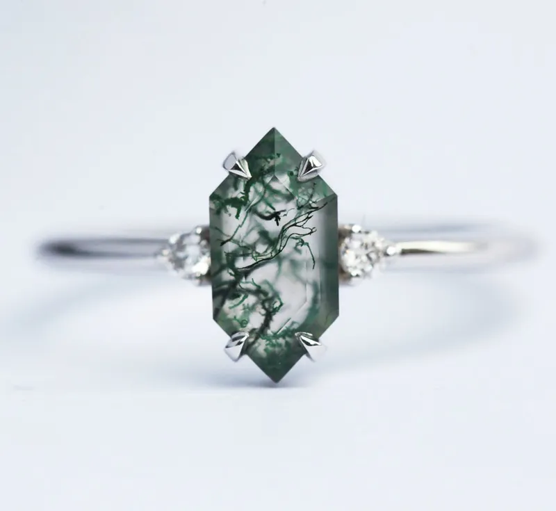 Hayley Hexagon Moss Agate Ring With Diamonds view 5