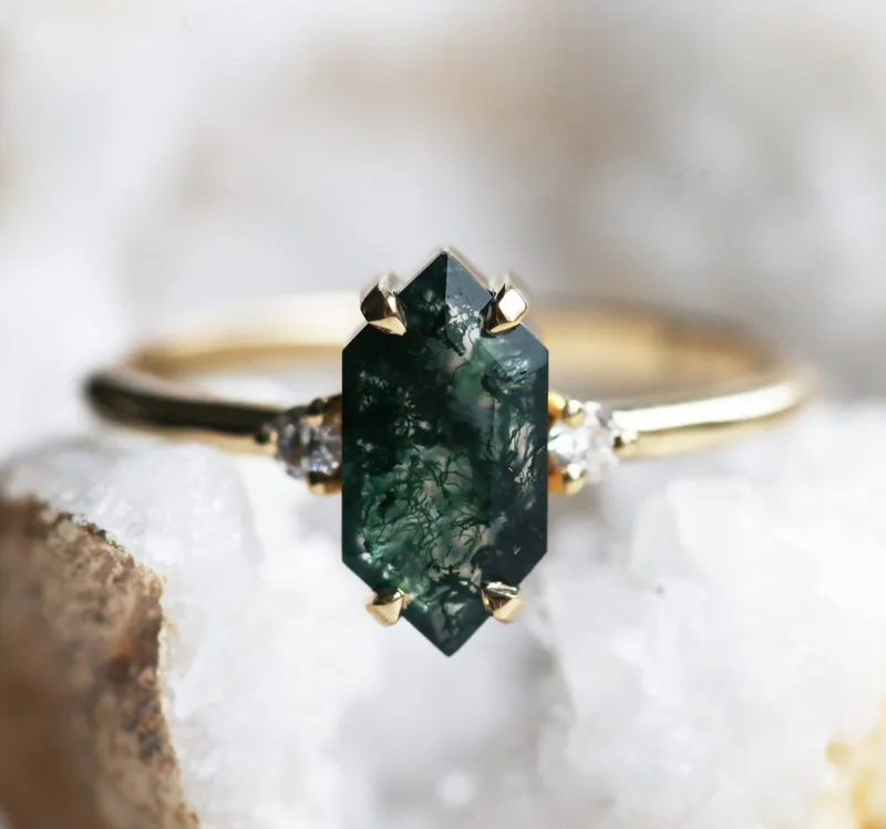 Hayley Hexagon Moss Agate Ring With Diamonds view 6