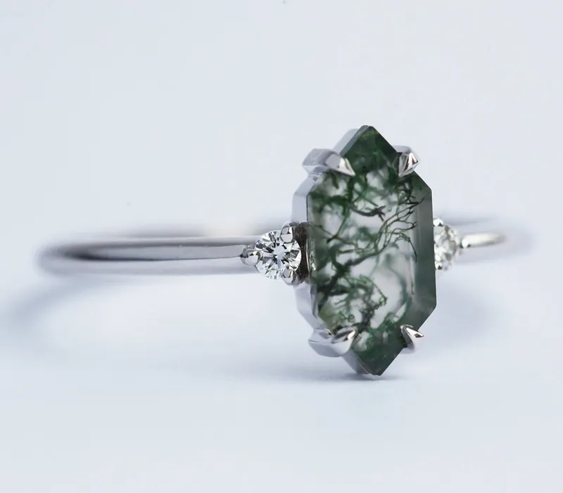 Hayley Hexagon Moss Agate Ring With Diamonds view 7