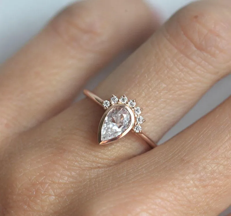 Helena Pear Cut Moissanite Ring With Diamond Crown vy 2