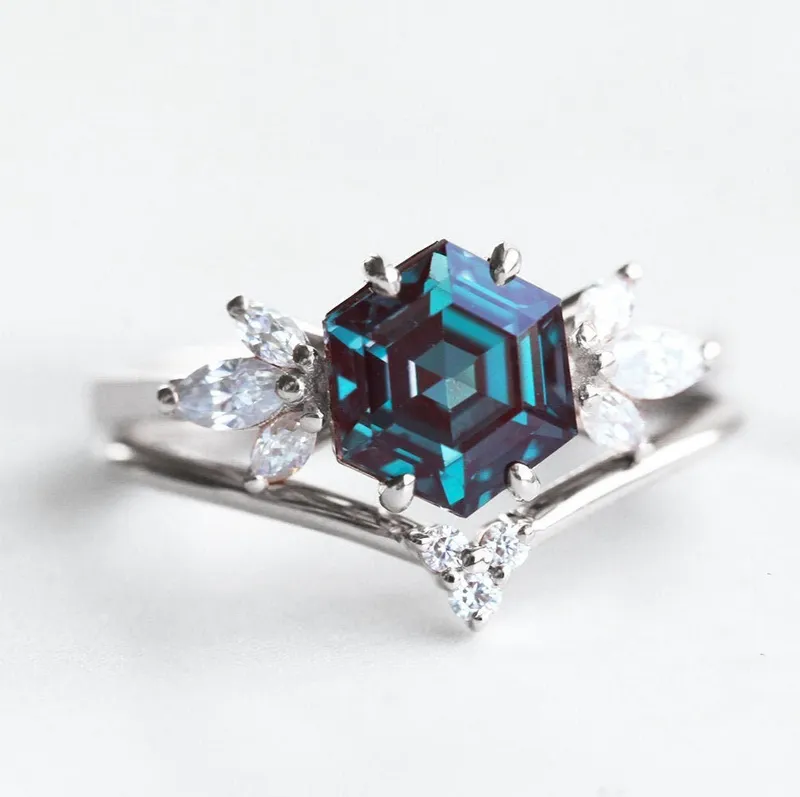 Hexagon Alexandrite Engagement Ring Set view 11