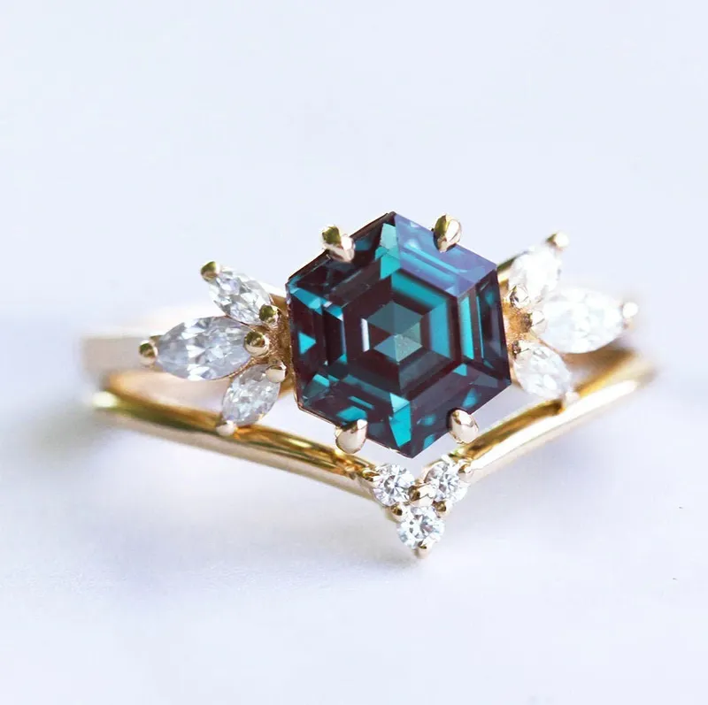Hexagon Alexandrite Engagement Ring Set view 12
