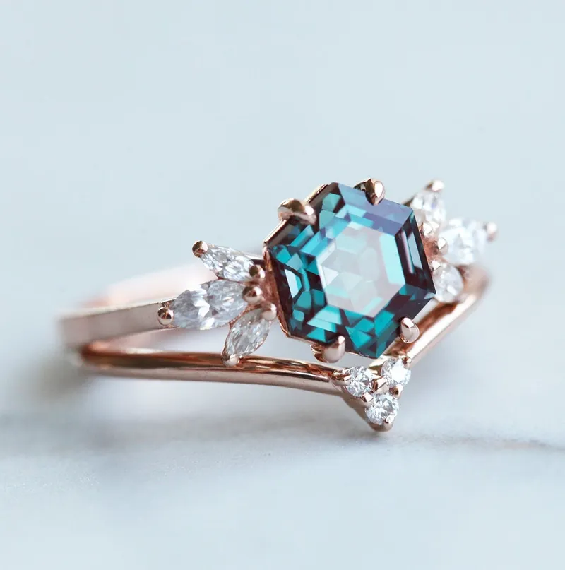 Hexagon Alexandrite Engagement Ring Set view 2