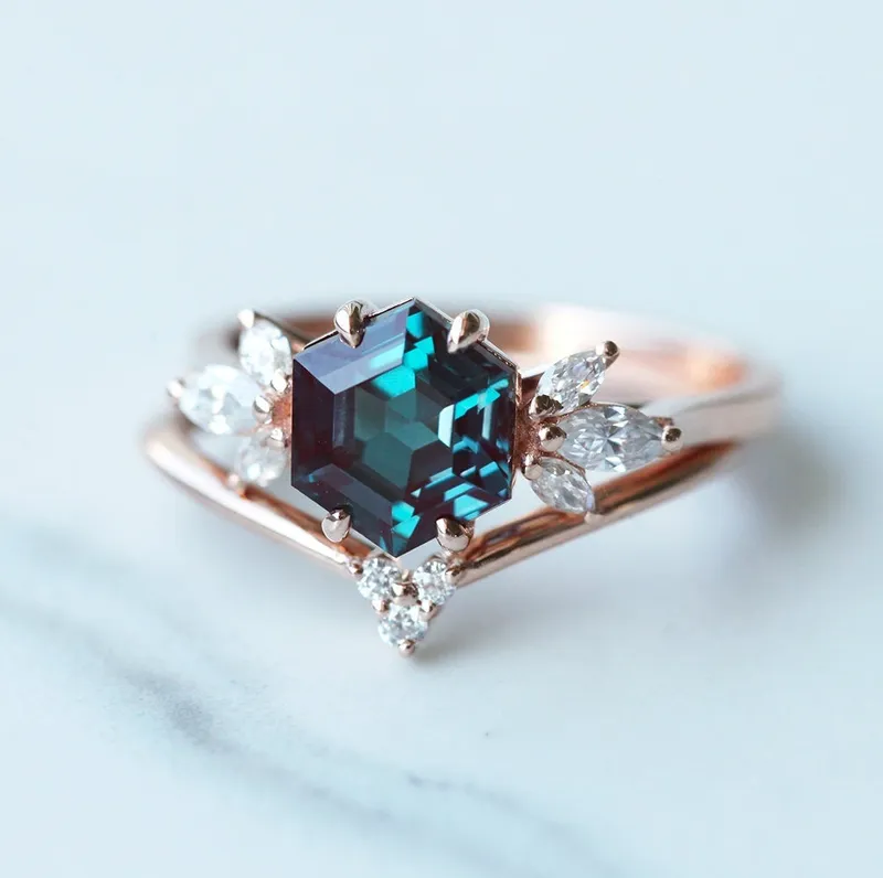 Hexagon Alexandrite Engagement Ring Set view 4