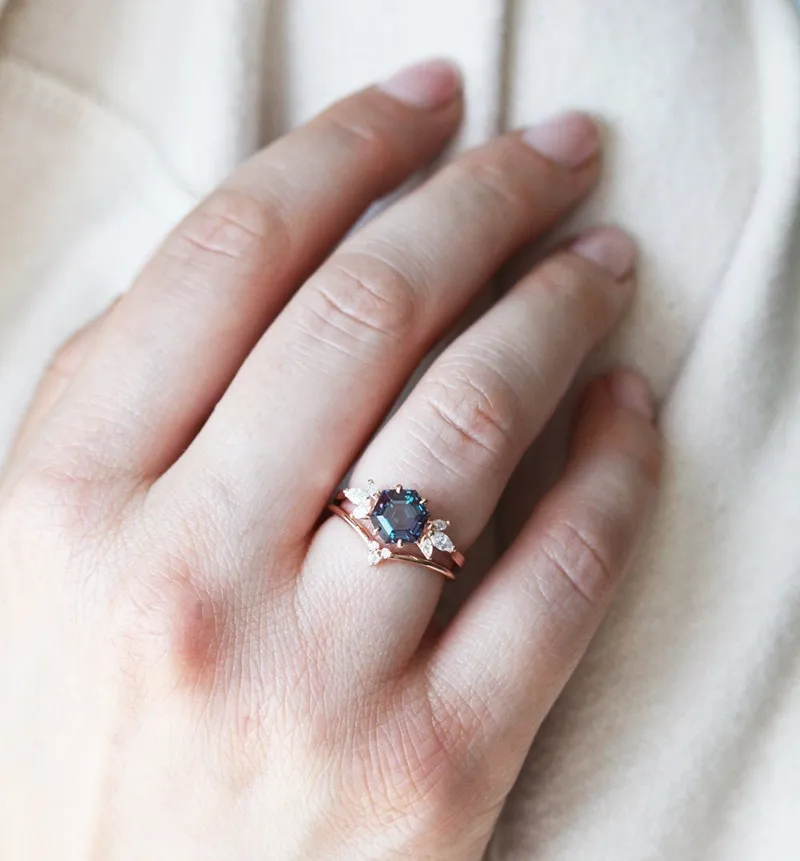 Hexagon Alexandrite Engagement Ring Set view 5
