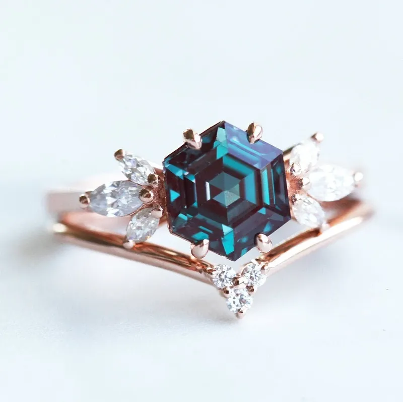 Hexagon Alexandrite Engagement Ring Set engagement ring