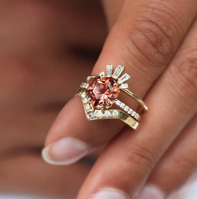 HEXAGON SUNSTONE RING, UNIQUE OREGON SUNSTONE ENGAGEMENT RING, GEOMETRIC SUNSTONE RING vy 2