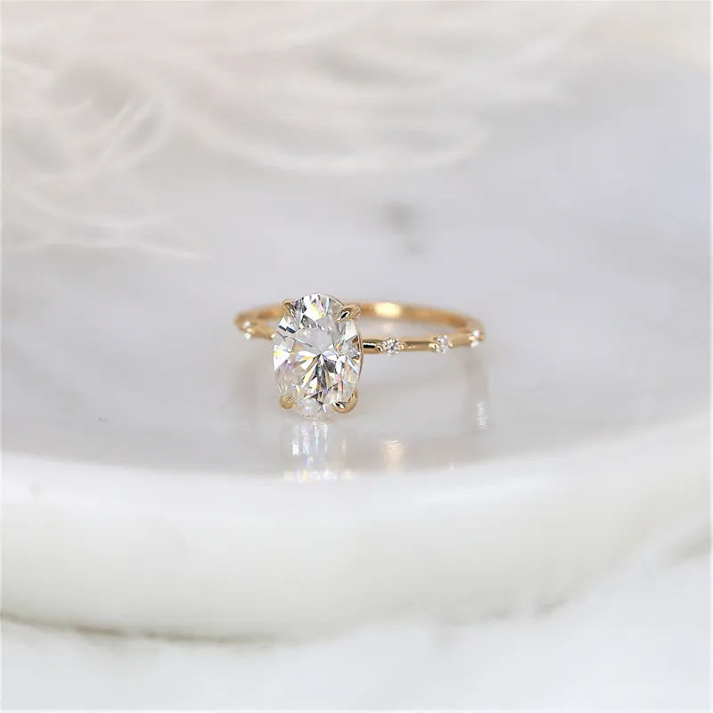 2.50ct Alix 10x7mm 14kt Gold Moissanite Diamond Ultra Dainty Oval Solitaire Ring view 3