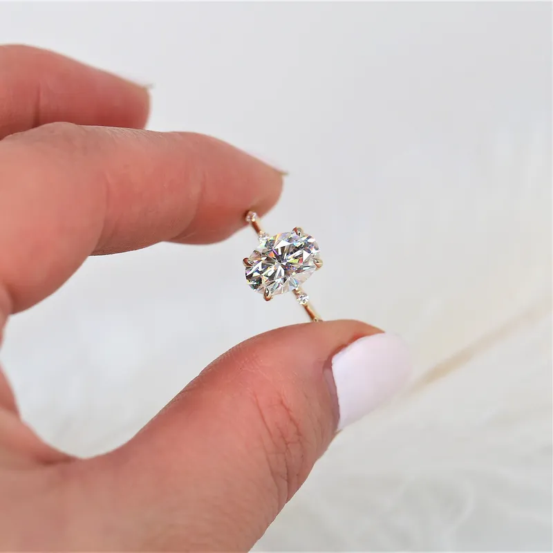 2.50ct Alix 10x7mm 14kt Gold Moissanite Diamond Ultra Dainty Oval Solitaire Ring view 4