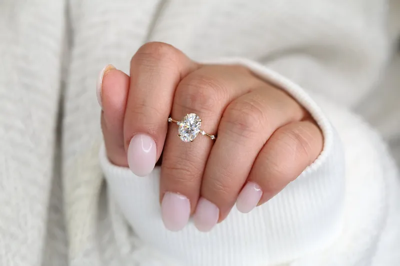 2.50ct Alix 10x7mm 14kt Gold Moissanite Diamond Ultra Dainty Oval Solitaire Ring view 7