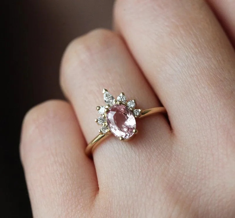 Iravati Peach Sapphire Diamond Ring vy 2
