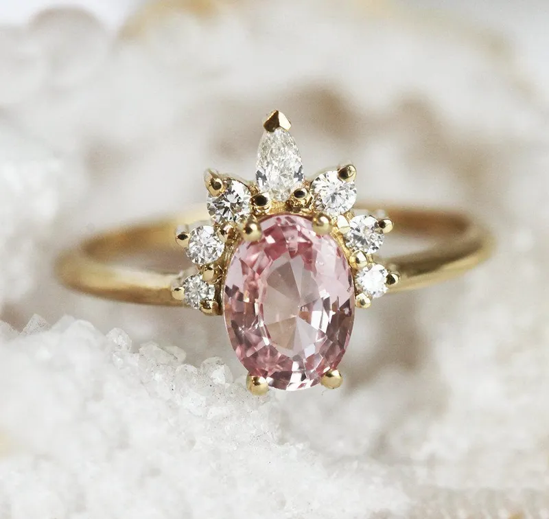 Iravati Peach Sapphire Diamond Ring vy 3