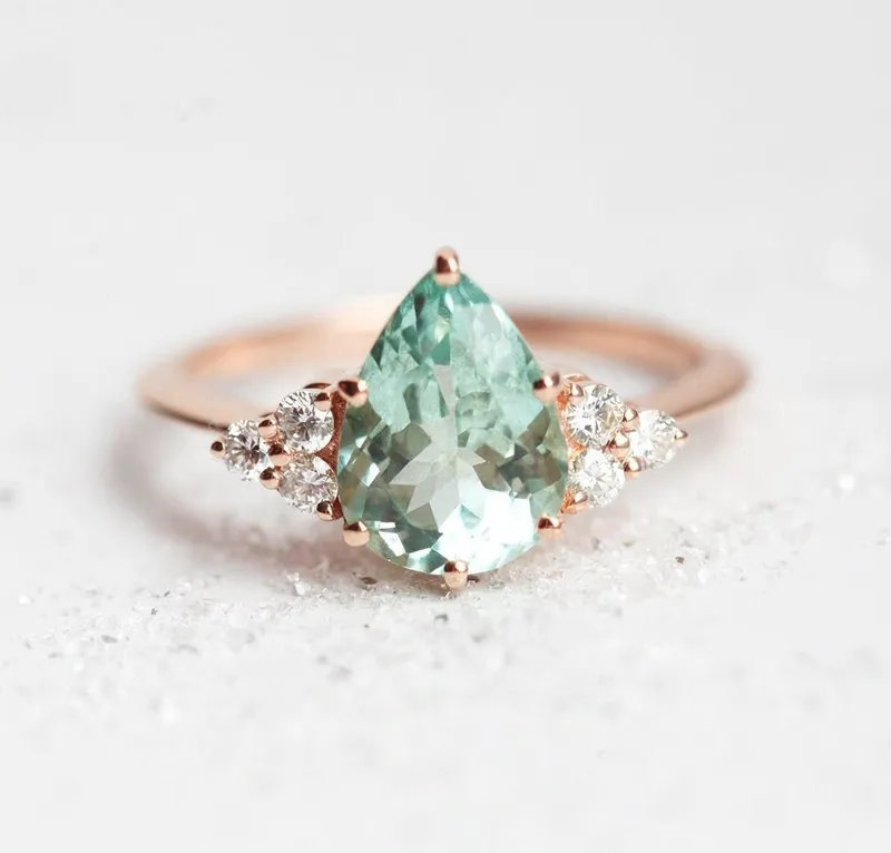 Jeanie Mint Tourmaline Engagement Ring, Pear Mint Tourmaline Diamond Ring, Green Tourmaline Ring vy 11