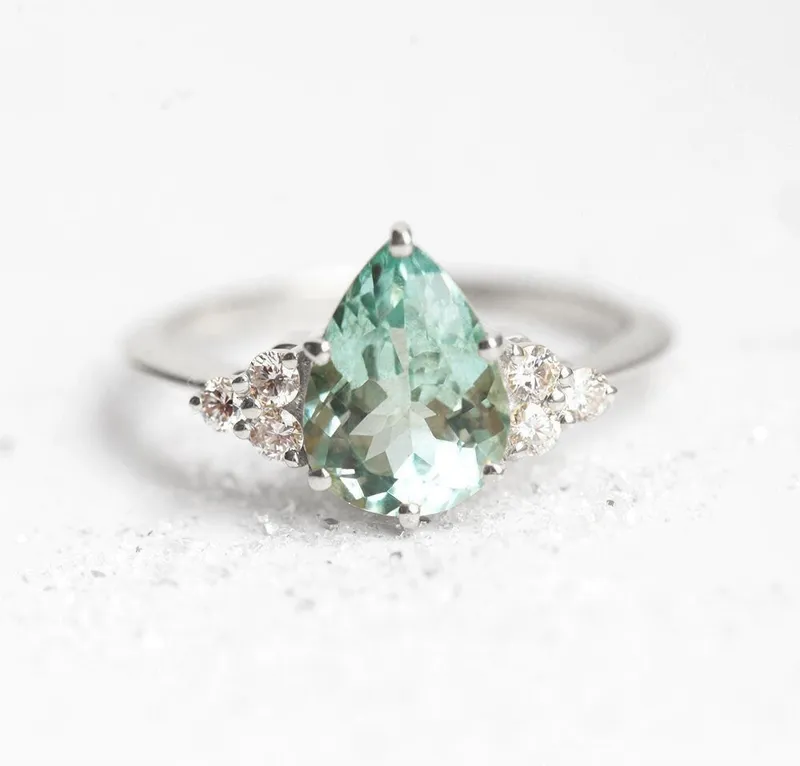 Jeanie Mint Tourmaline Engagement Ring, Pear Mint Tourmaline Diamond Ring, Green Tourmaline Ring vy 12