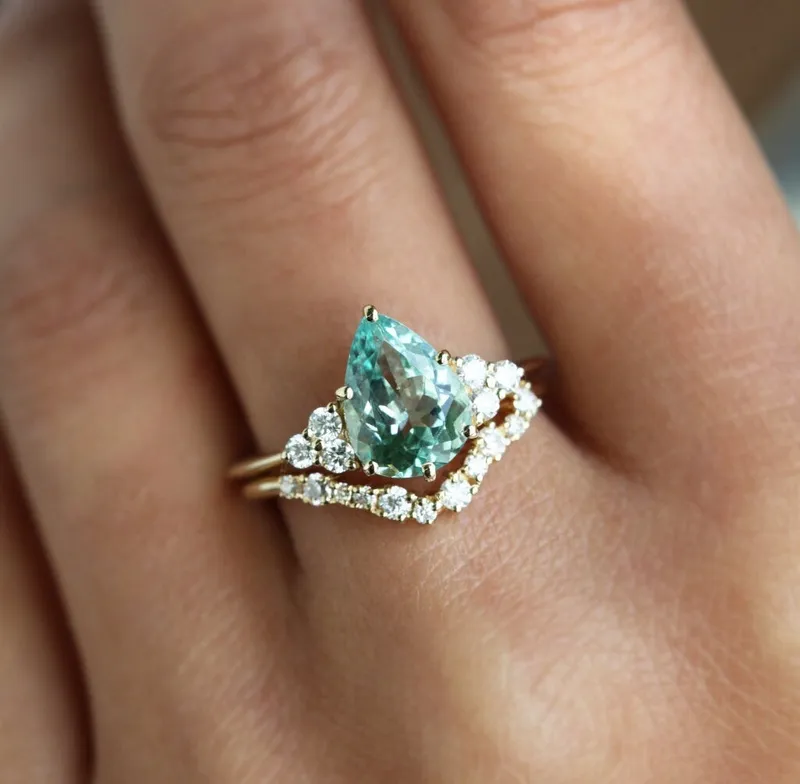 Jeanie Mint Tourmaline Engagement Ring, Pear Mint Tourmaline Diamond Ring, Green Tourmaline Ring vy 2