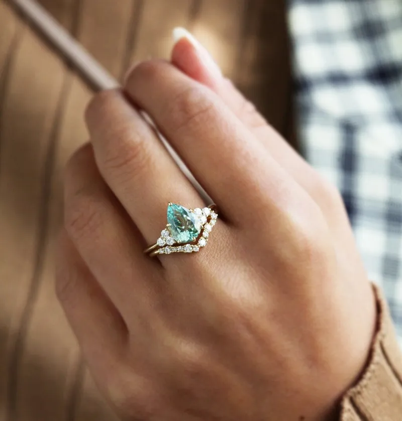 Jeanie Mint Tourmaline Engagement Ring, Pear Mint Tourmaline Diamond Ring, Green Tourmaline Ring vy 5