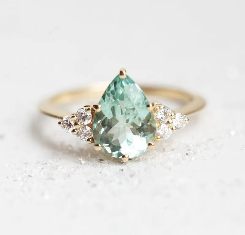 Jeanie Mint Tourmaline Engagement Ring, Pear Mint Tourmaline Diamond Ring, Green Tourmaline Ring mint pear cut engagement ring