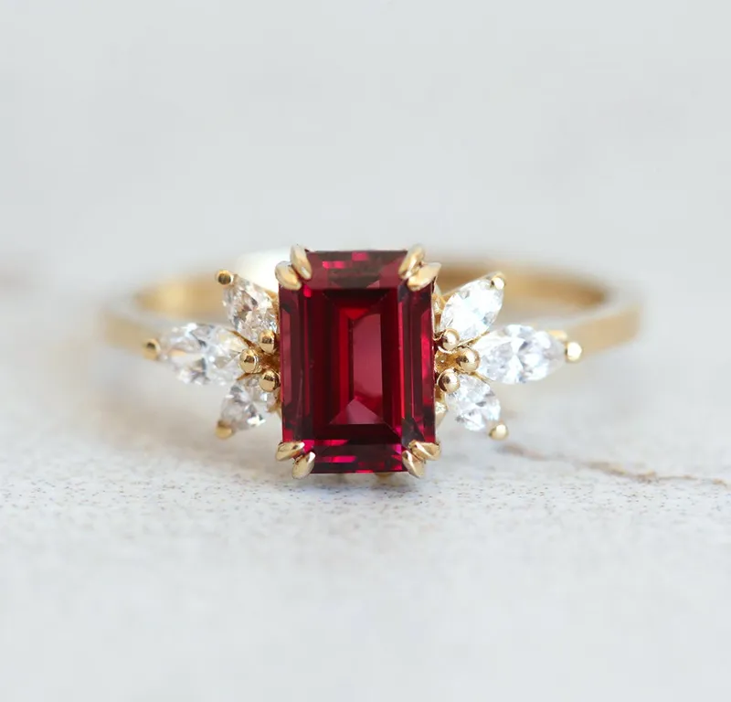 Janine Ring Garnet Ring with Diamond Clusters emerald emerald cut engagement ring