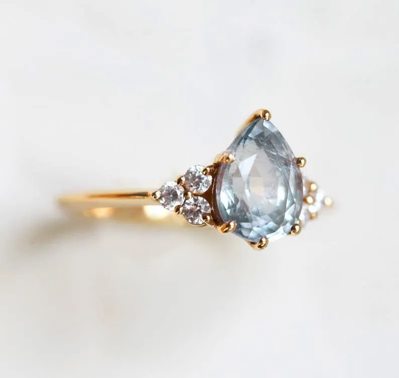 Jeanie Silvery Blue-Green Sapphire Ring W/ Diamond Clusters vy 10