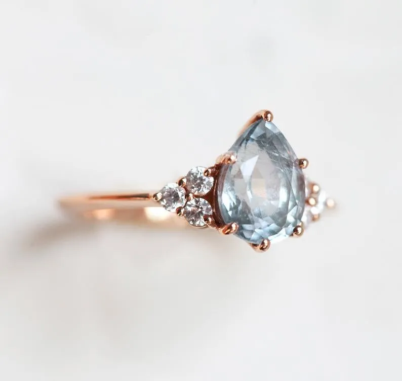 Jeanie Silvery Blue-Green Sapphire Ring W/ Diamond Clusters vy 3