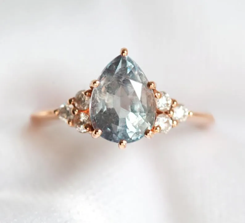 Jeanie Silvery Blue-Green Sapphire Ring W/ Diamond Clusters vy 6