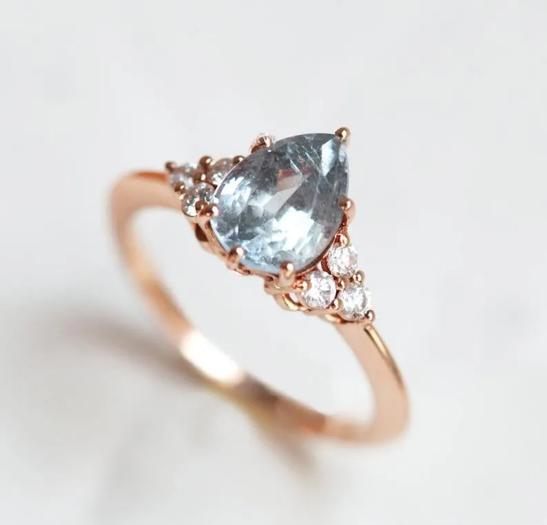 Jeanie Silvery Blue-Green Sapphire Ring W/ Diamond Clusters vy 9