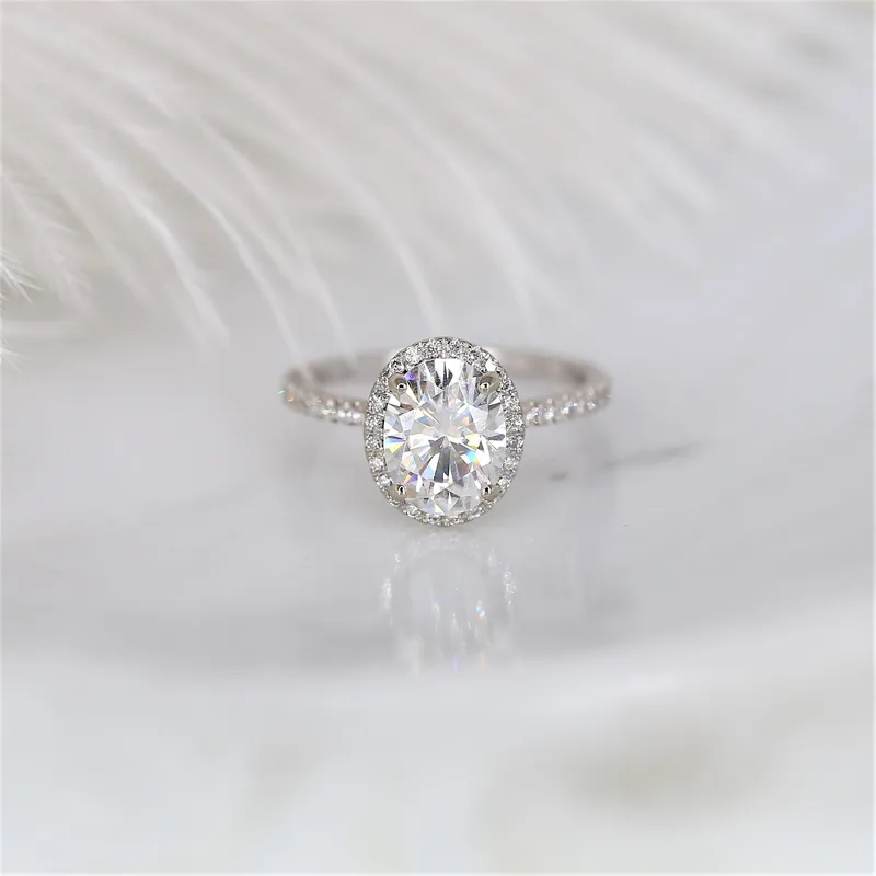 2ct Jessica 9x7mm 14kt Moissanite Diamonds Dainty Oval Halo Ring vy 5