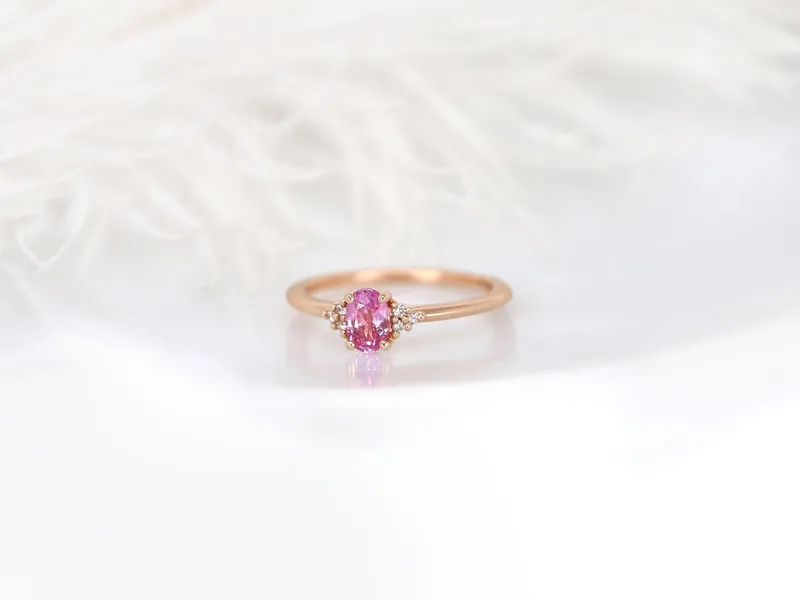 Ready to Ship Juniper 6x4mm 14kt Rose Gold Pink Sapphire Diamonds Dainty Oval Cluster Ring view 7